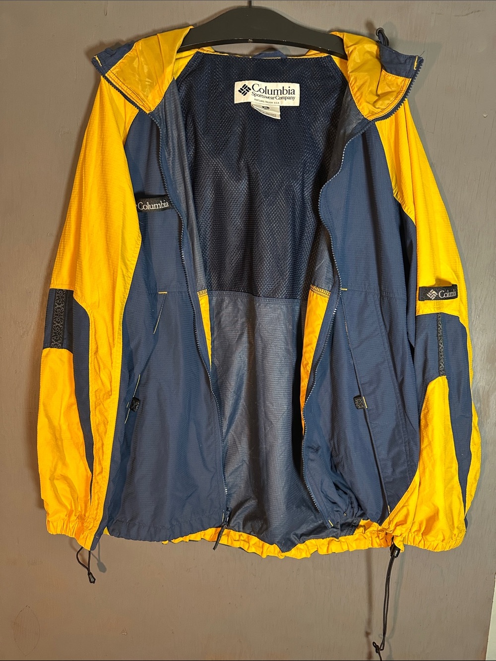 Columbia Men's Navy and Yellow Hooded Rain Jacket